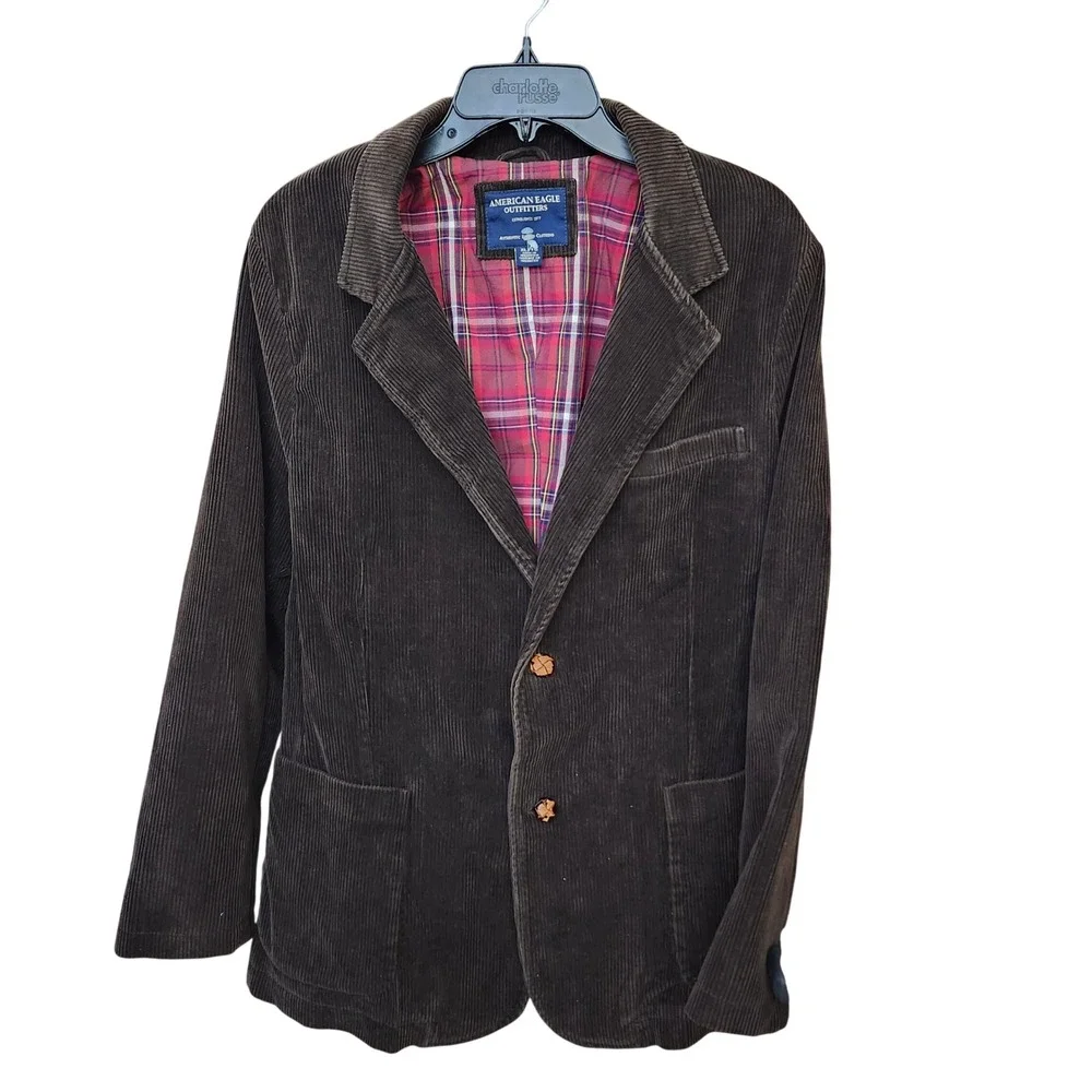 American Eagle‎ Mens XL Brown Corduroy Blazer Elbow Patches Plaid Lining Jacket